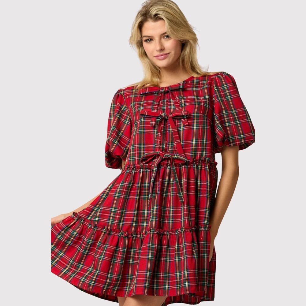 NWT Talulah Dress Red Mini Bow Tie Plaid Puffed A Line Coquette Christmas Small